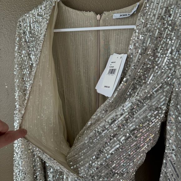 AMEN couture paillettes sequin beaded silver long sleeve mini dress NWT H - Picture 13 of 16